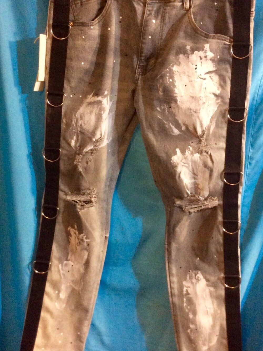 KDNK Distressed Gray Paint-Splatter Men’s Jeans with Strap Details